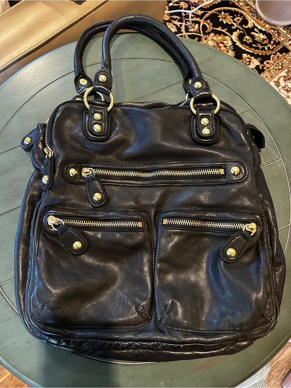 Linea Pelle  Black Leather Shoulder Bag with Gold Hardware - Unbranded